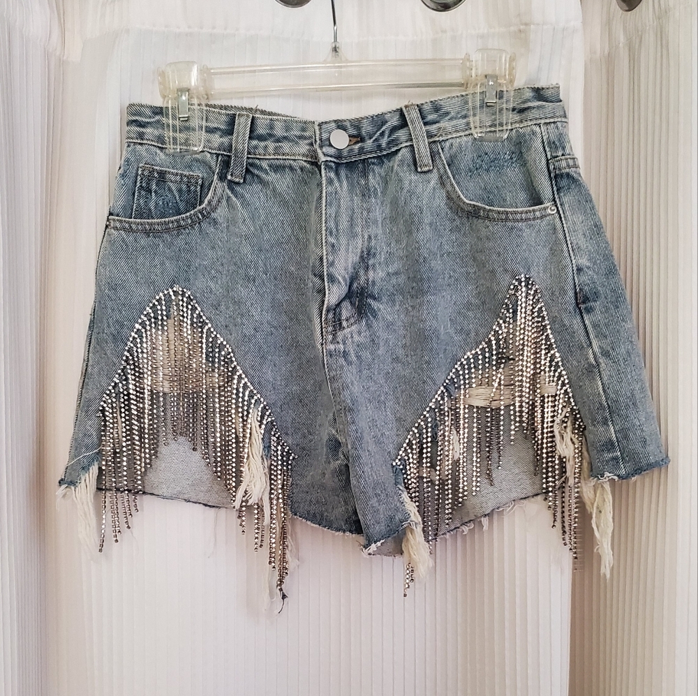 Distressed Jean Shorts with Rhinestones